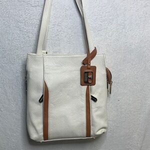 Valentina White Leather Shoulder Bag with Tan Trim